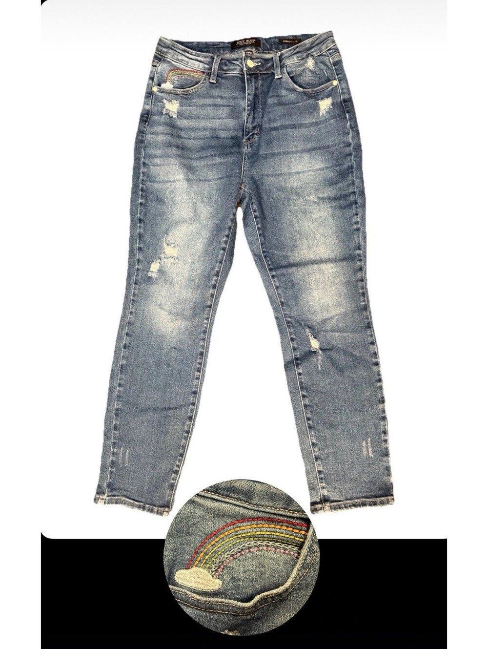 Judy Blue Jeans Women 13/31 31x27 Straight Rainbow Embroidered Distressed High